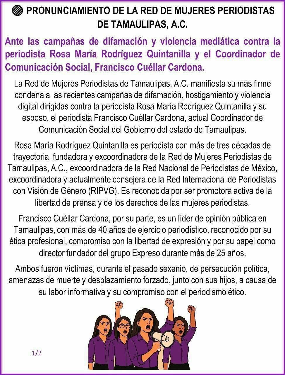 Red de Mujeres Periodistas condena ataques mediáticos contra Rosa María Rodríguez y Francisco Cuéllar